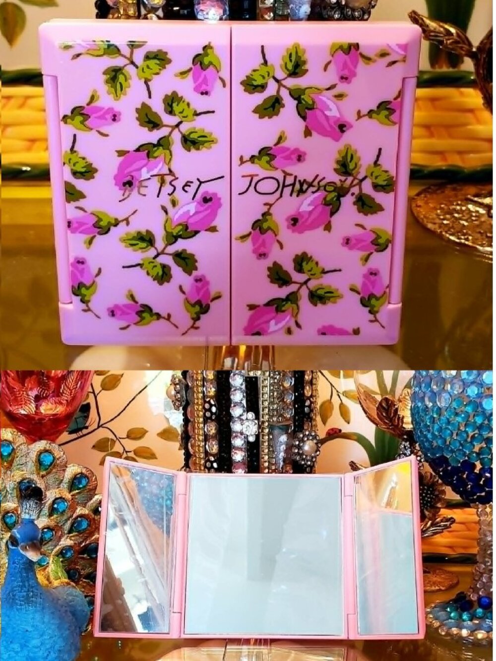 Vintage Betsey Johnson Pink Rosebud Dress Compact Handbag Vanity Standing Mirror
